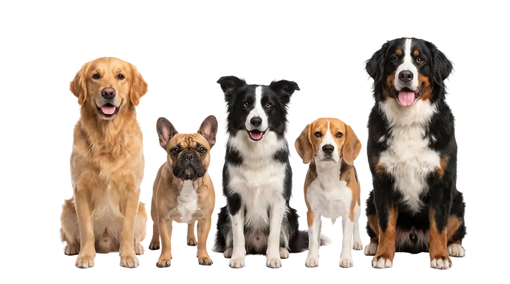Five dogs sitting in a row
