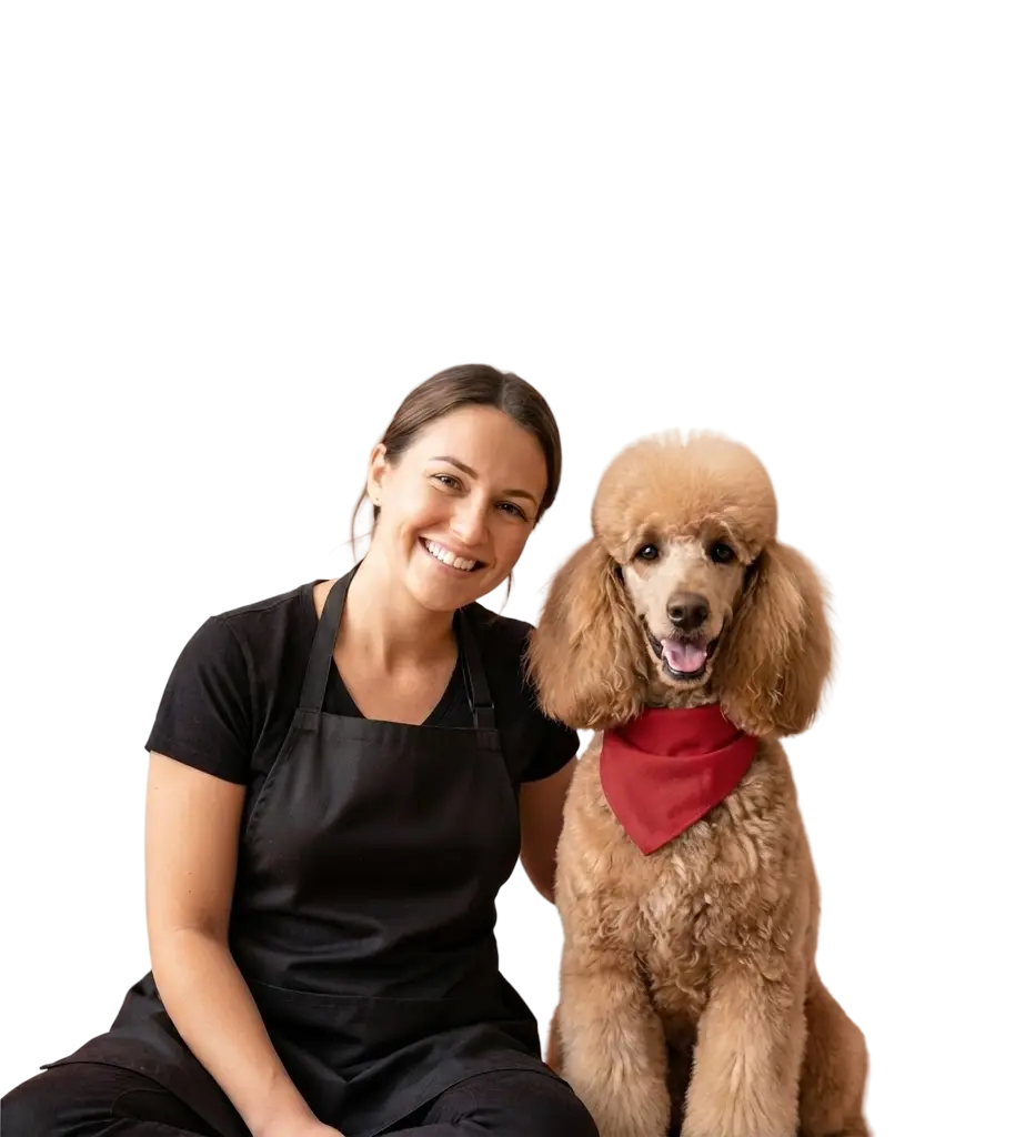 Groomer smiling next to a poodle